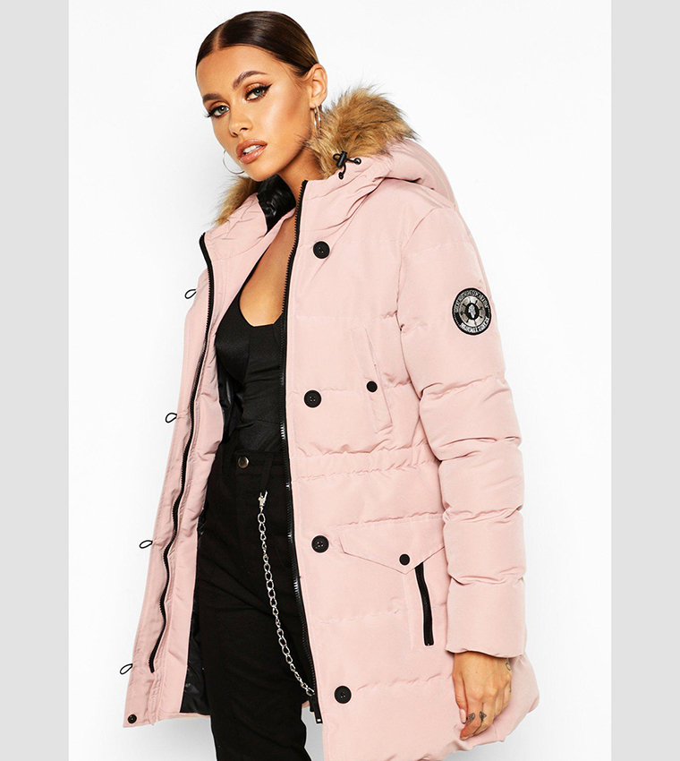 Buy Boohoo Faux Fur Trim Luxe Mountaineering Parka Coat In Pink