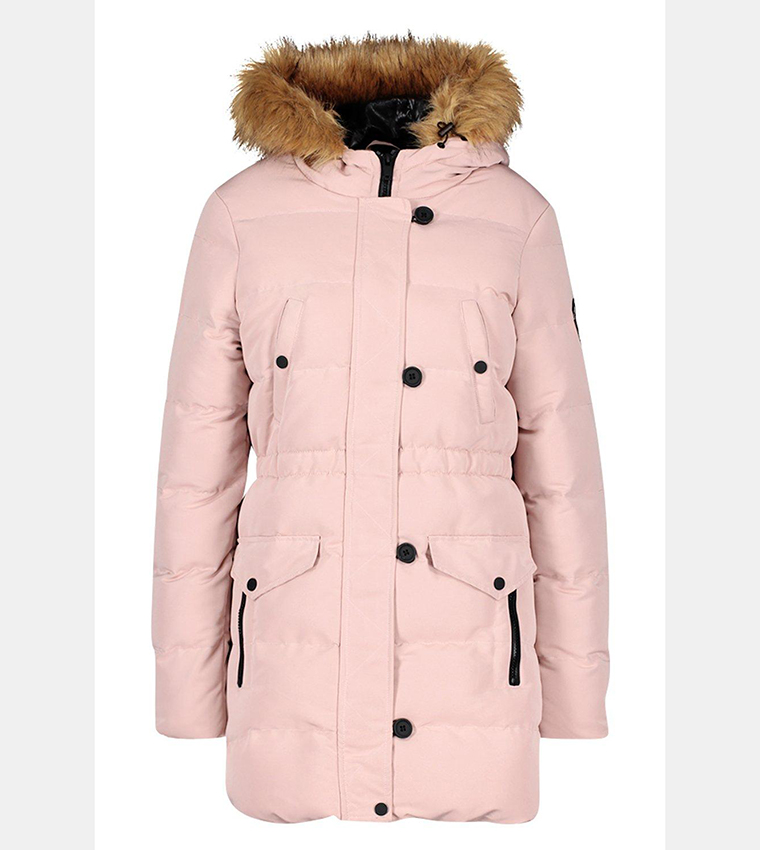 Buy Boohoo Faux Fur Trim Luxe Mountaineering Parka Coat In Pink