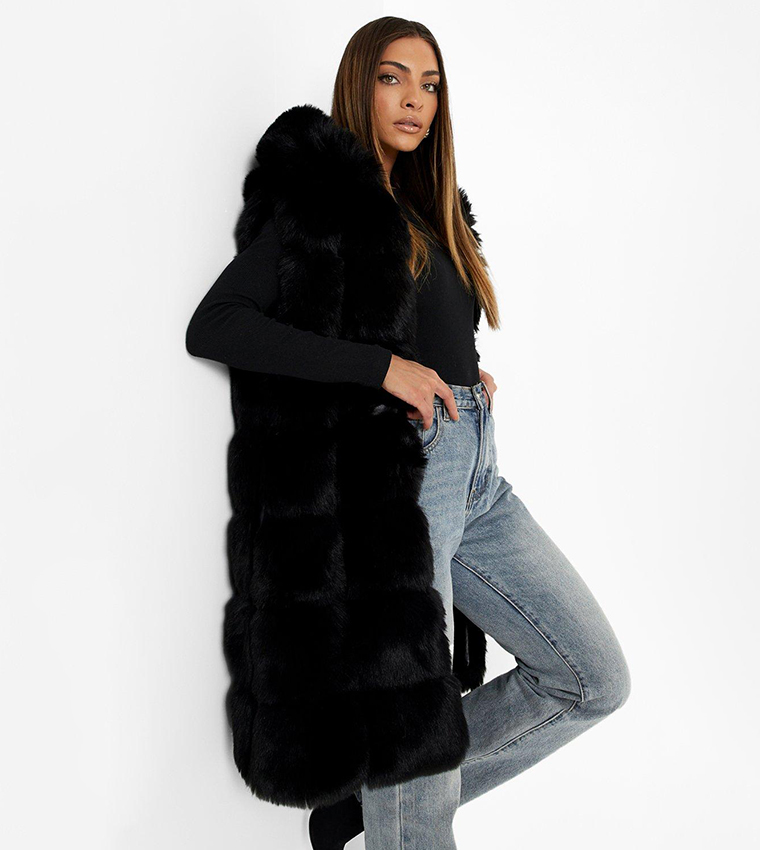 Black panelled faux outlet fur coat