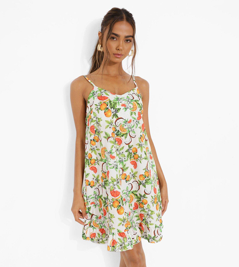 Buy Boohoo Ruffle Hem Fruit Print Swing Dress In White | 6thStreet Qatar