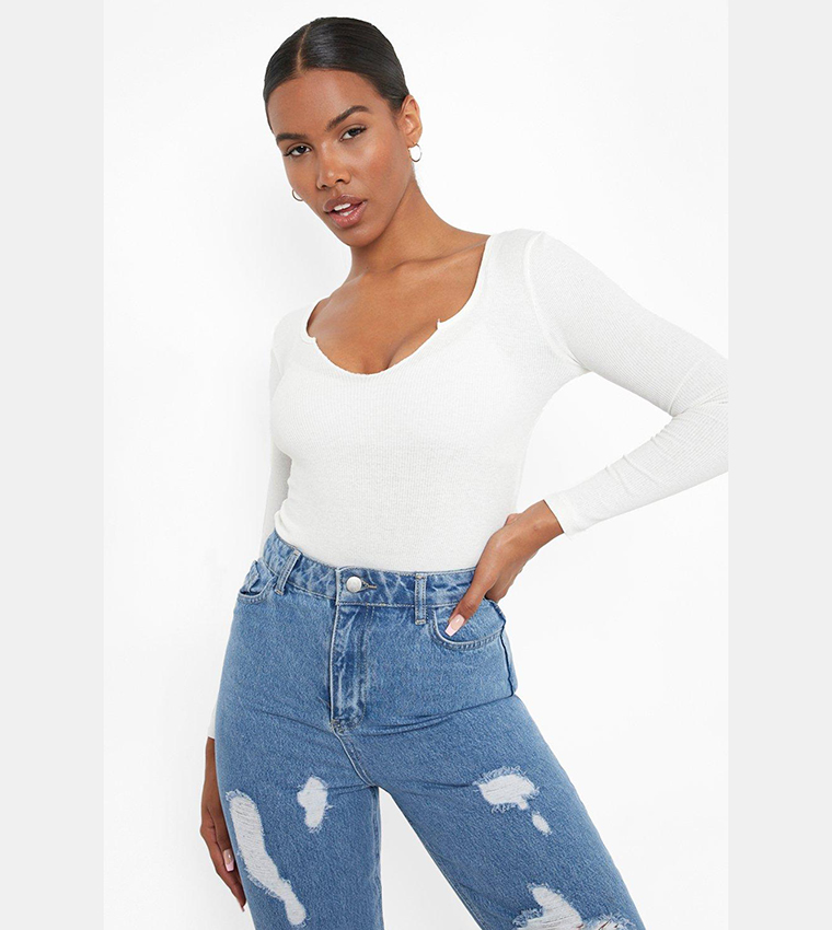 Buy Boohoo Ribbed Notch Neck Long Sleeves Bodysuit Top In White