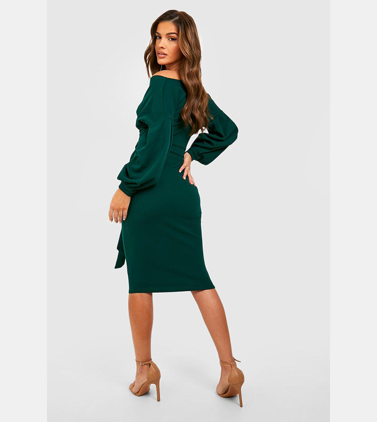 Buy Boohoo Recycled Off The Shoulder Wrap Midi Dress In Green
