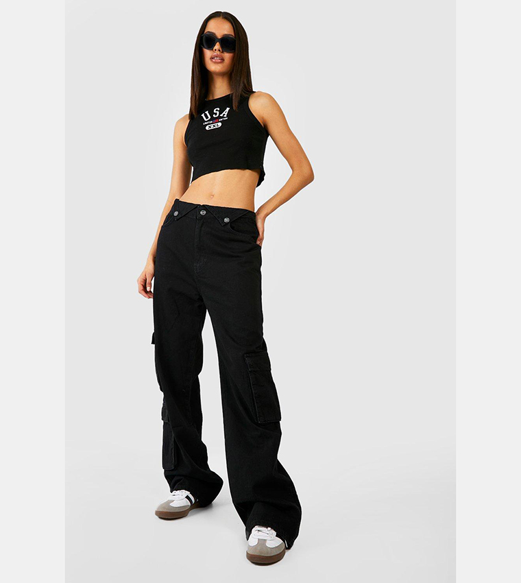 Buy Boohoo Loose Fit Denim Cargo Pants In Black 6thStreet Kuwait