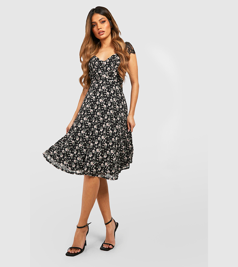 Black lace shop midi skater dress