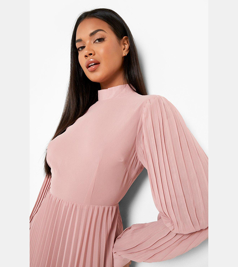 Buy Boohoo Pleated High Neck Midi Skater Dress In Pink 6thStreet Kuwait