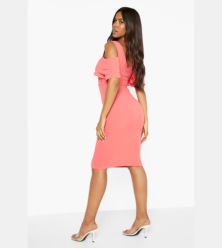 Buy Boohoo Cold Shoulder Ruffle Sleeves Midi Dress In Pink 6thStreet Qatar