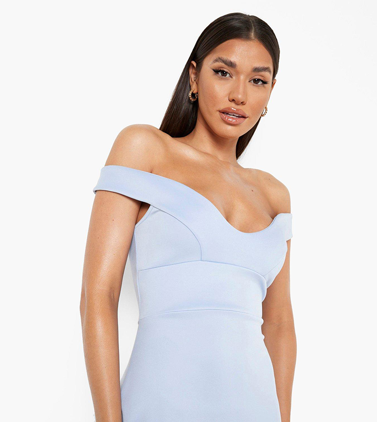 sweetheart off shoulder bodycon midi dress Buy Boohoo Sweetheart Off Shoulder Bodycon Midi Dress In Sky Blue
