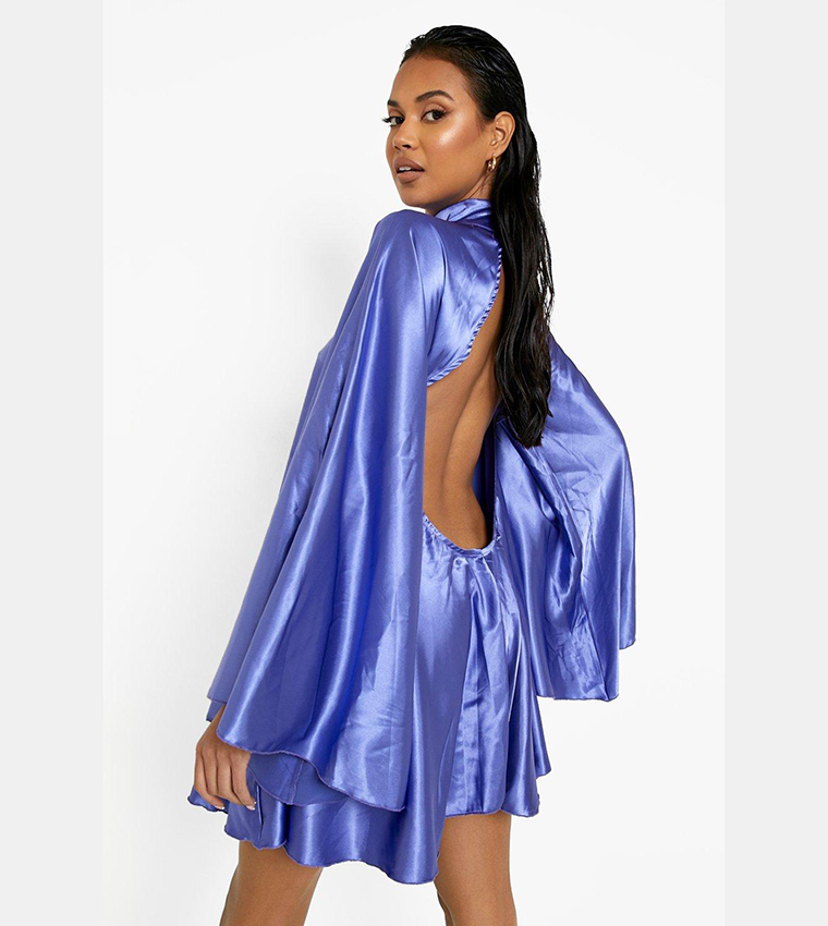 princess polly baby blue dress Blue Satin High Neck Ruched Mini Dress main image 0