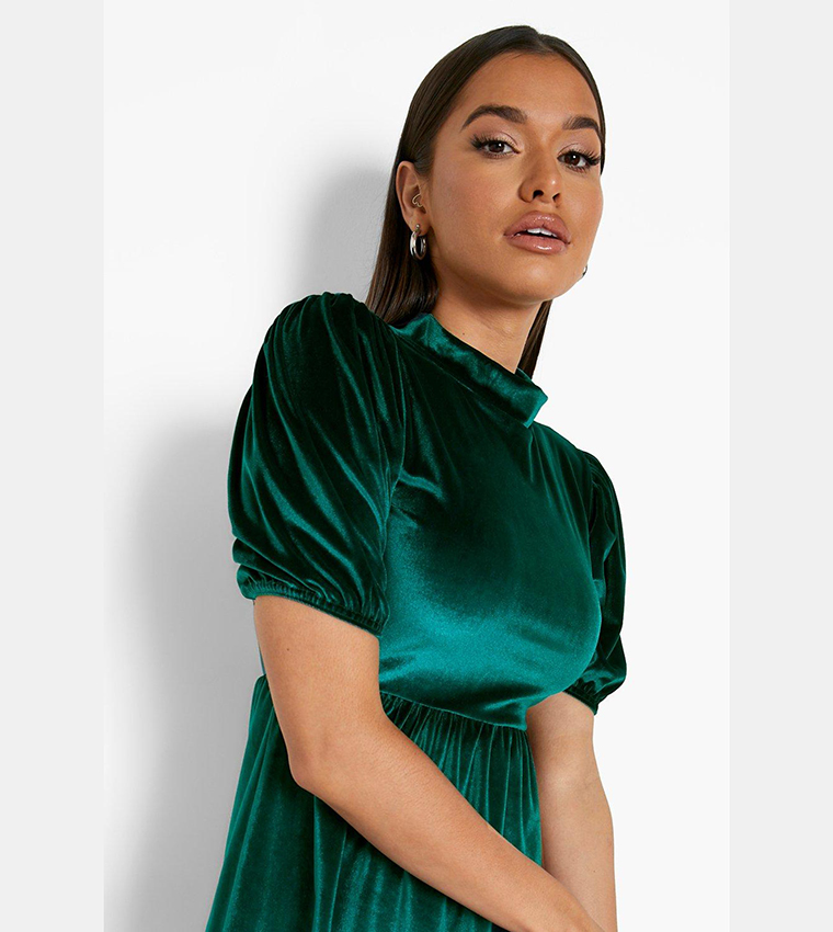boohoo green velvet dress Buy Boohoo Velvet High Neck Puff Sleeves Smock Party Dress In Green