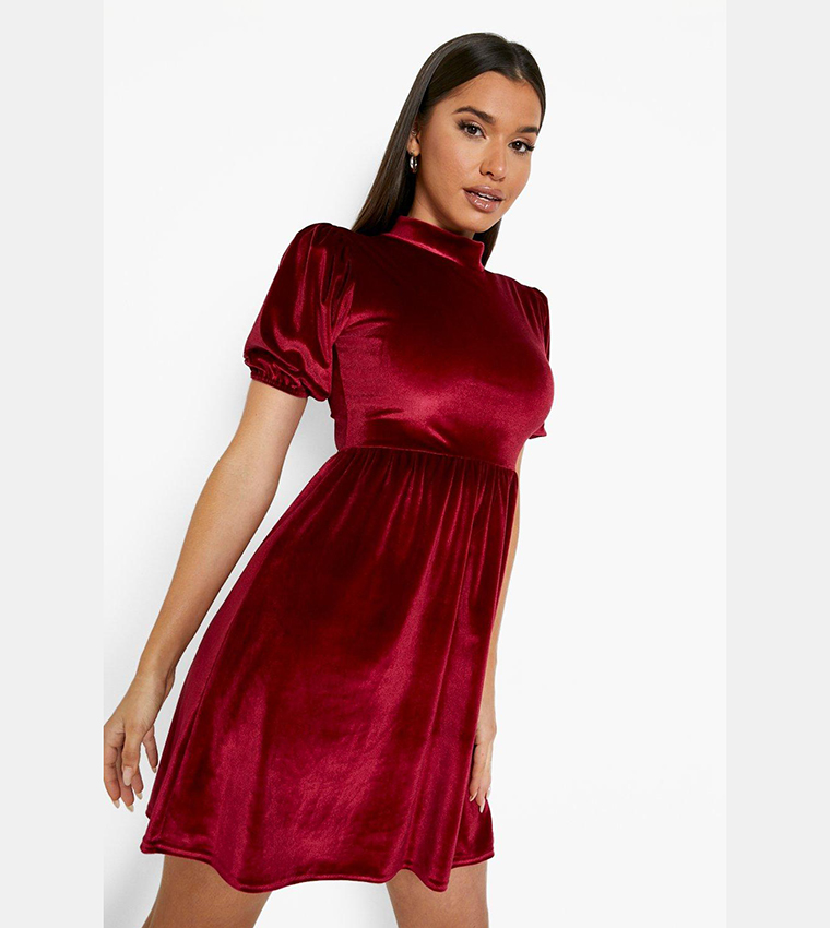 Buy Boohoo Velvet High Neck Puff Sleeves Smock Party Dress In Red