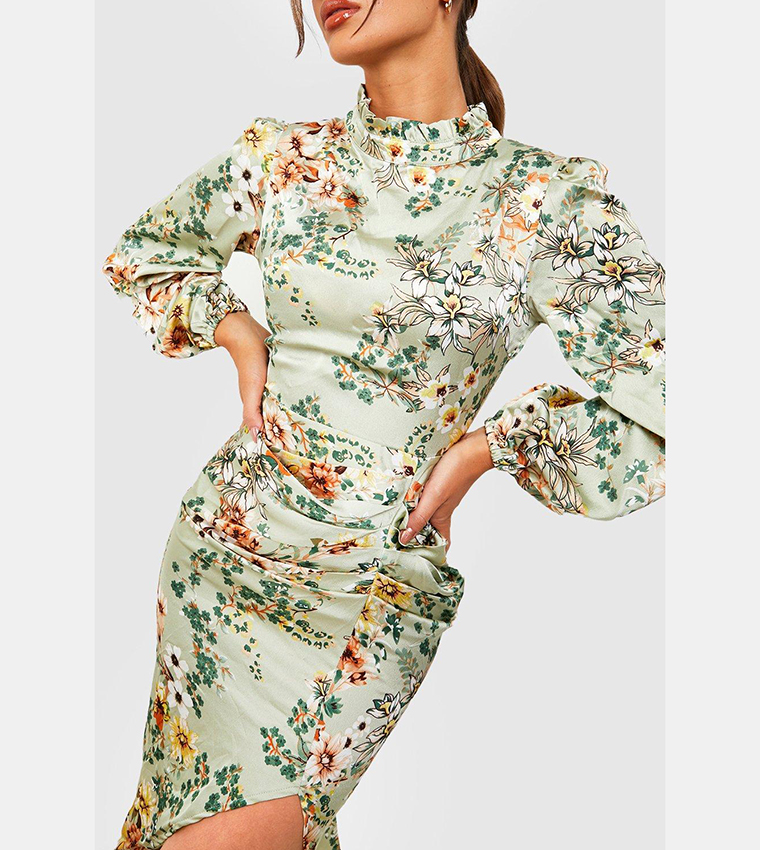 boohoo ruched midi dress Khaki Plus Double Slinky Ruched Midi Dress