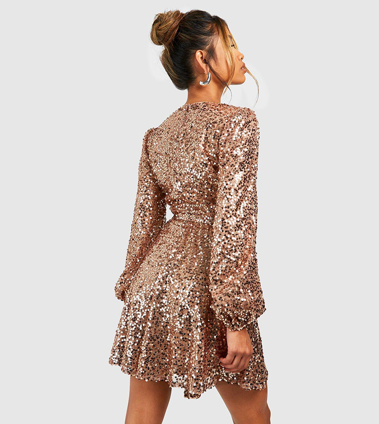 Buy Boohoo Sequin Plunge Blouson Sleeve Skater Party Dress In Gold