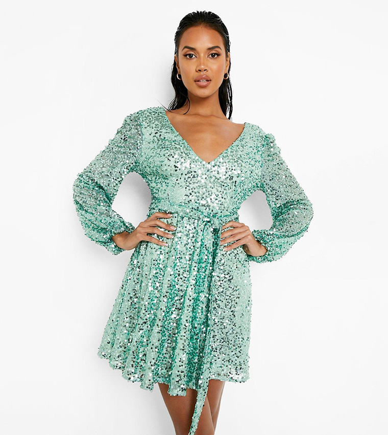 Green sequin plunge clearance dress