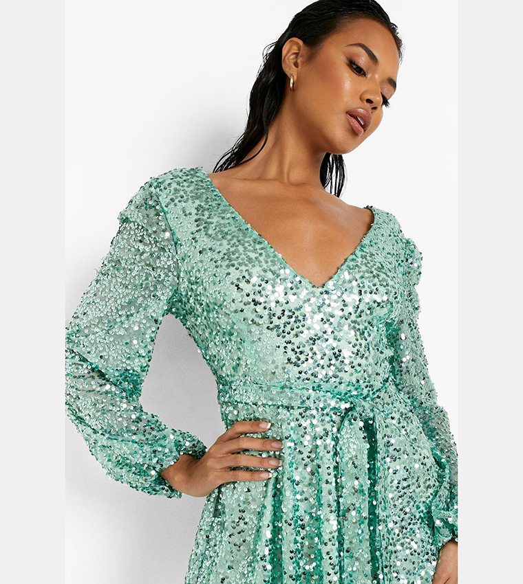 Buy Boohoo Sequin Plunge Blouson Sleeves Skater Party Dress In Green