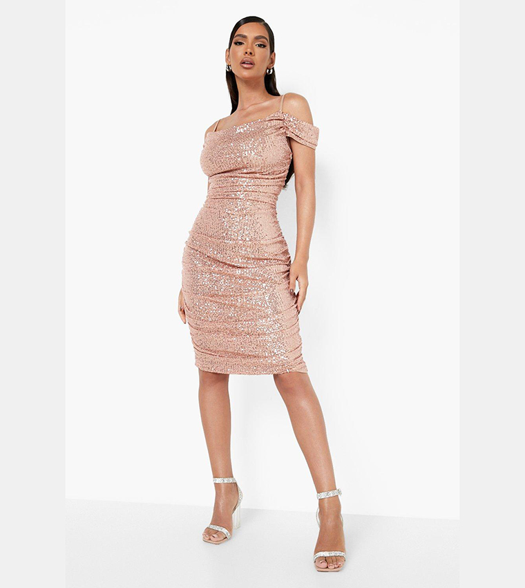 Buy Boohoo Sequin Bardot Ruched Midi Party Dress In Pink