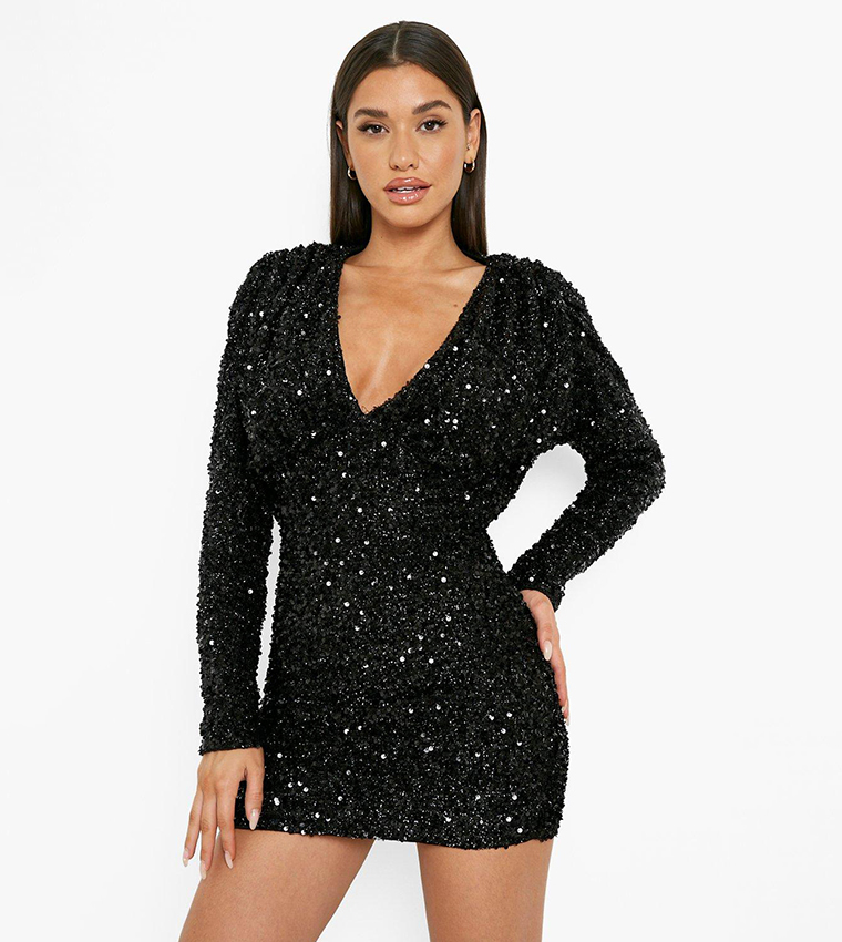 Buy Boohoo Outlet Sequin Kimono Sleeves Plunge Mini Party Dress In Black 6thStreet Kuwait