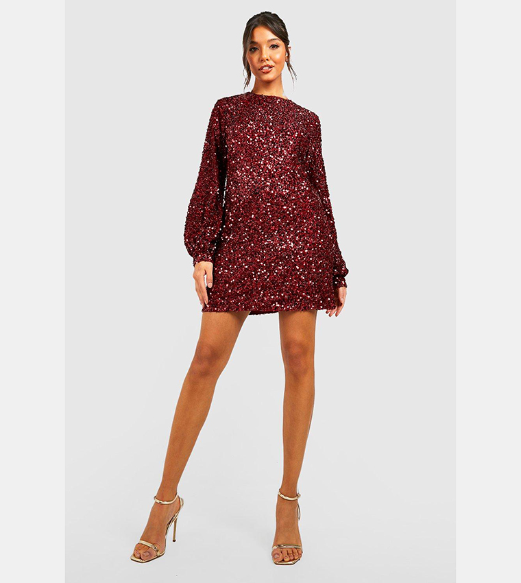 boohoo burgundy sequin dress Women's Party Sequin Long Sleeve Mini Dress, Burgundy