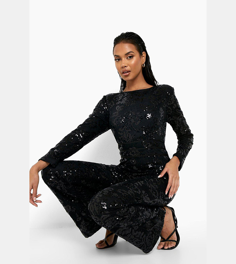 Shoulder Jumpsuit Black Glitter Playsuits Buy Boohoo Damask Sequin Shoulder Pad Jumpsuit In Black 6thstreet Qatar