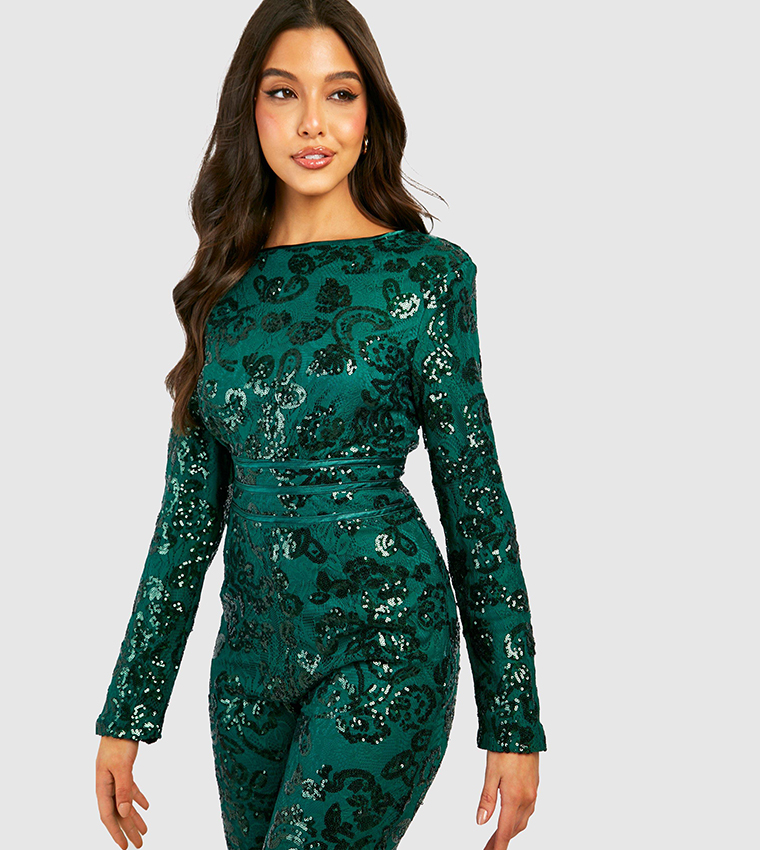 Buy Boohoo Damask Sequin Shoulder Pad Jumpsuit In Green | 6thStreet UAE