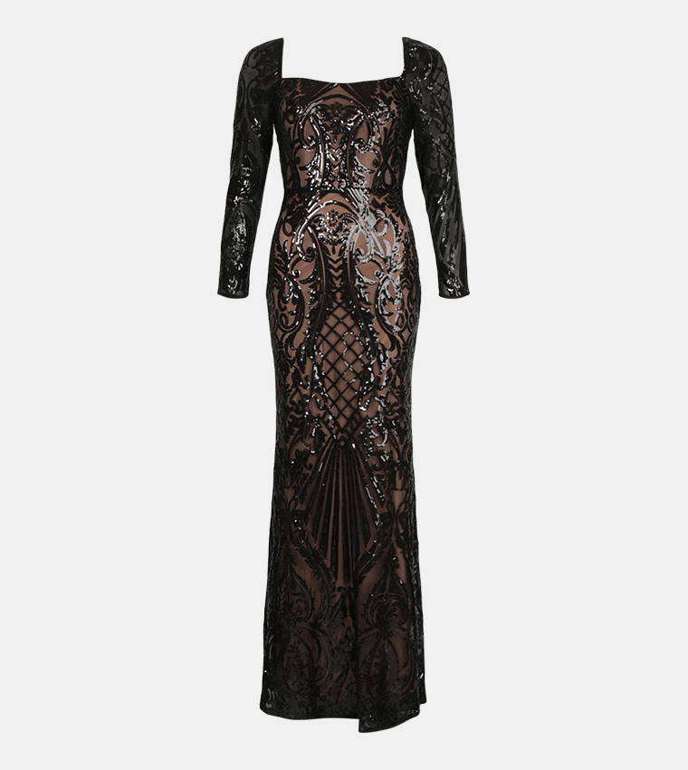 Damask Sequin Fishtail Maxi Party Dress