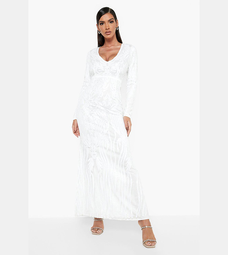Buy Boohoo Damask Sequin Plunge Maxi Party Dress In White | 6thstreet Qatar Buy Boohoo Damask Sequin Plunge Maxi Party Dress In White | 6thstreet Qatar