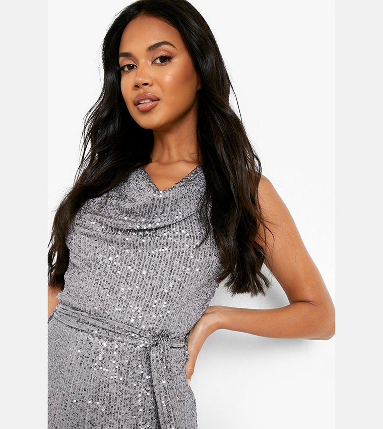 Buy Boohoo Sequin Cowl Neck Belted Culotte Jumpsuit In Grey 6thstreet Uae