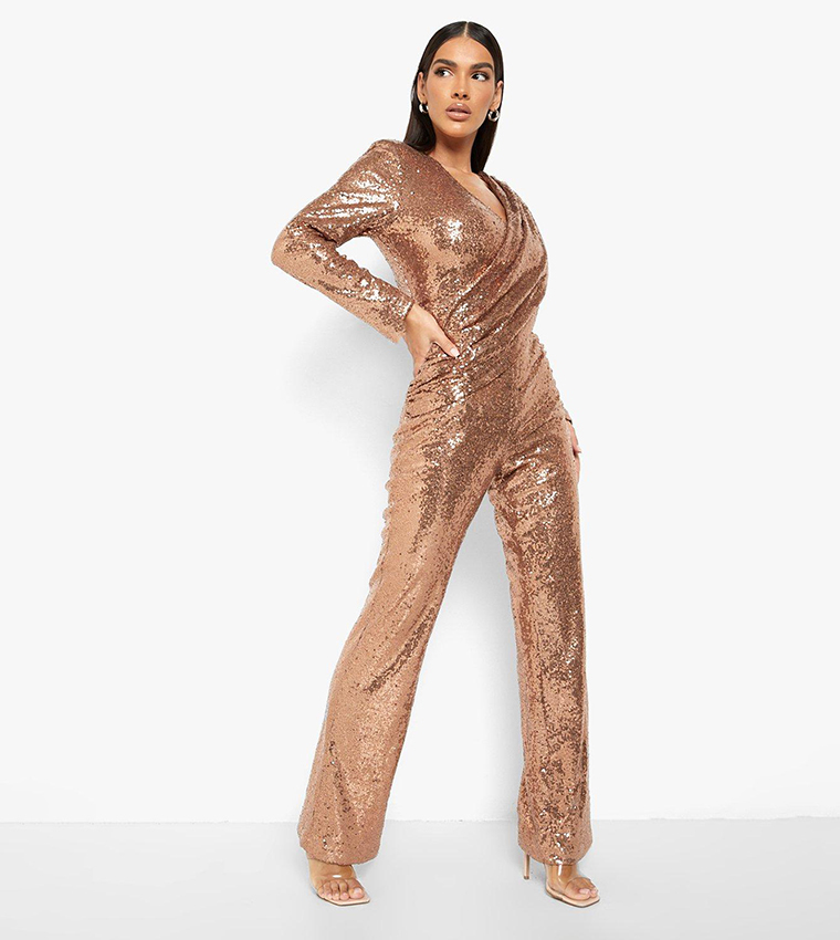 Jumpsuit Boohoo Sequin Flared Jumpsuit Ladies Jumpsuit Bell Sleeve