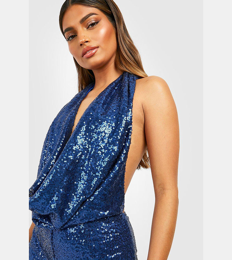 Buy Boohoo Sequin Halter Neck Flared Jumpsuit In Blue