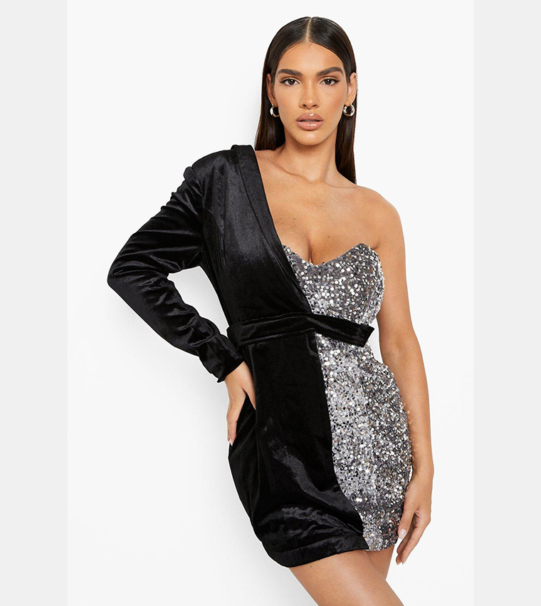 Buy Boohoo Velvet And Sequin Belted Blazer Party Dress In Grey