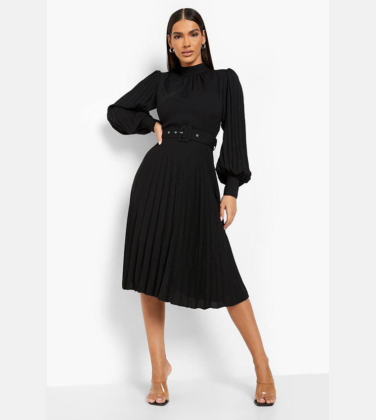 Buy Boohoo Belted High Neck Pleated Skater Dress In Black