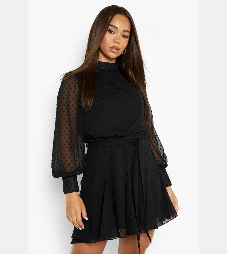 boohoo dobby skater dress Black Plus Dobby Chiffon Wide Sleeve Skater Dress