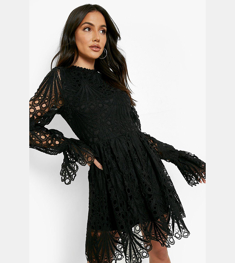 boohoo black lace skater dress boohoo Plus Size Women's Plus Size Lace Flared Sleeve Skater Dress - Black
