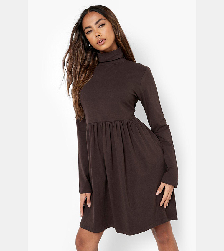 Buy Boohoo Basic Roll Neck Long Sleeves Skater Dress In Brown | 6thStreet  Oman