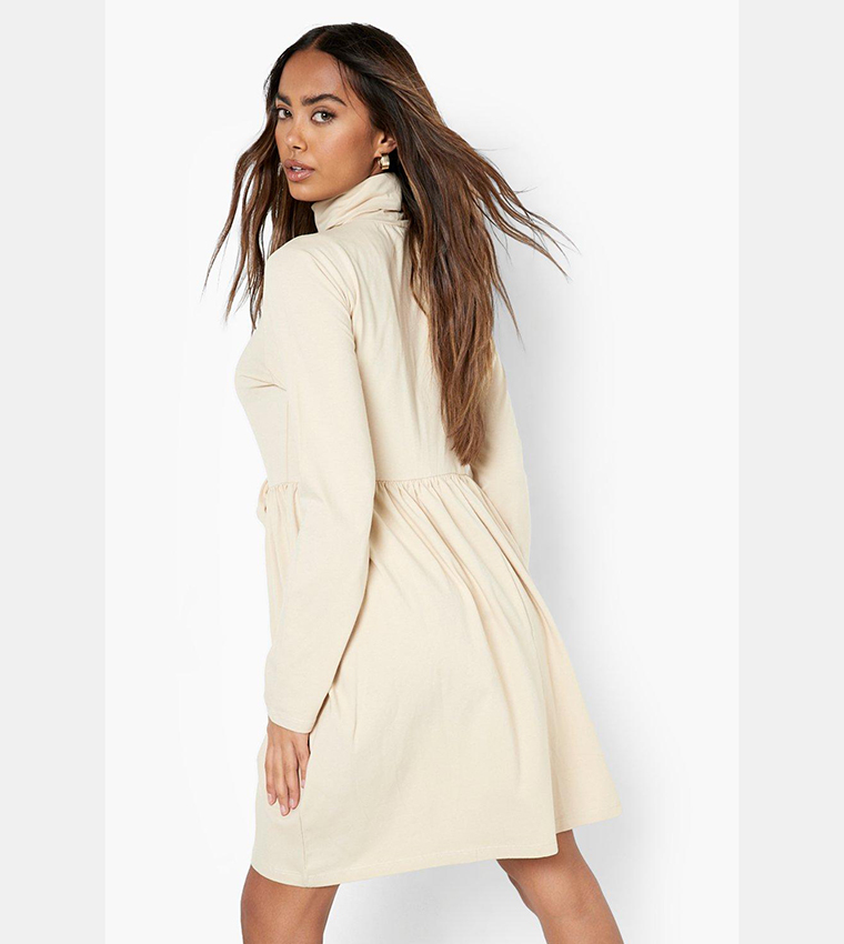 Buy Boohoo Basic Roll Neck Long Sleeves Skater Dress In Beige | 6thstreet  Qatar