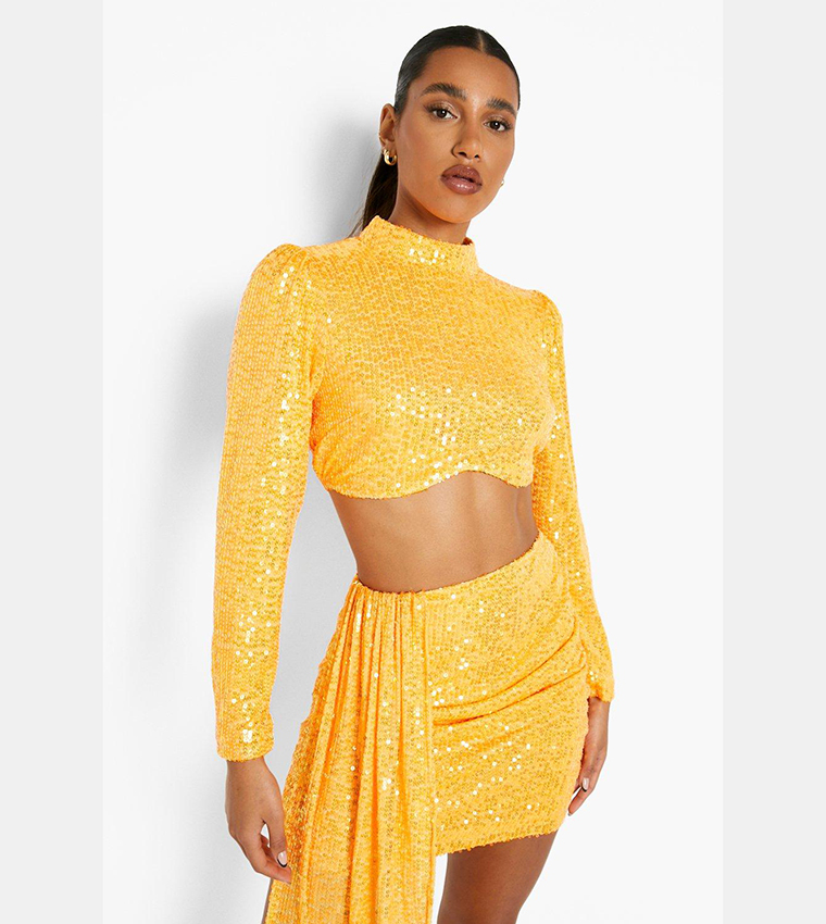 Buy Boohoo Bright Sequin High Neck Crop Top In Orange 6thStreet