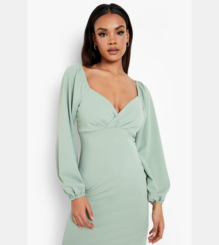 Buy Boohoo Puff Sleeves Midi Dress In Green | 6thstreet Bahrain
