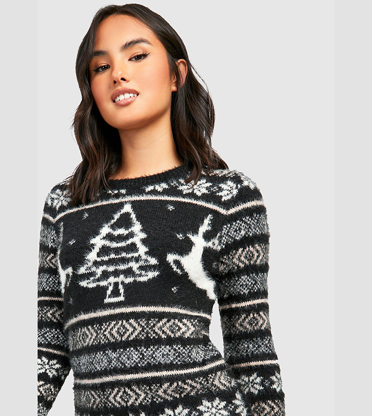 Buy Boohoo Christmas Fluffy Knitted Sweater Dress In Black