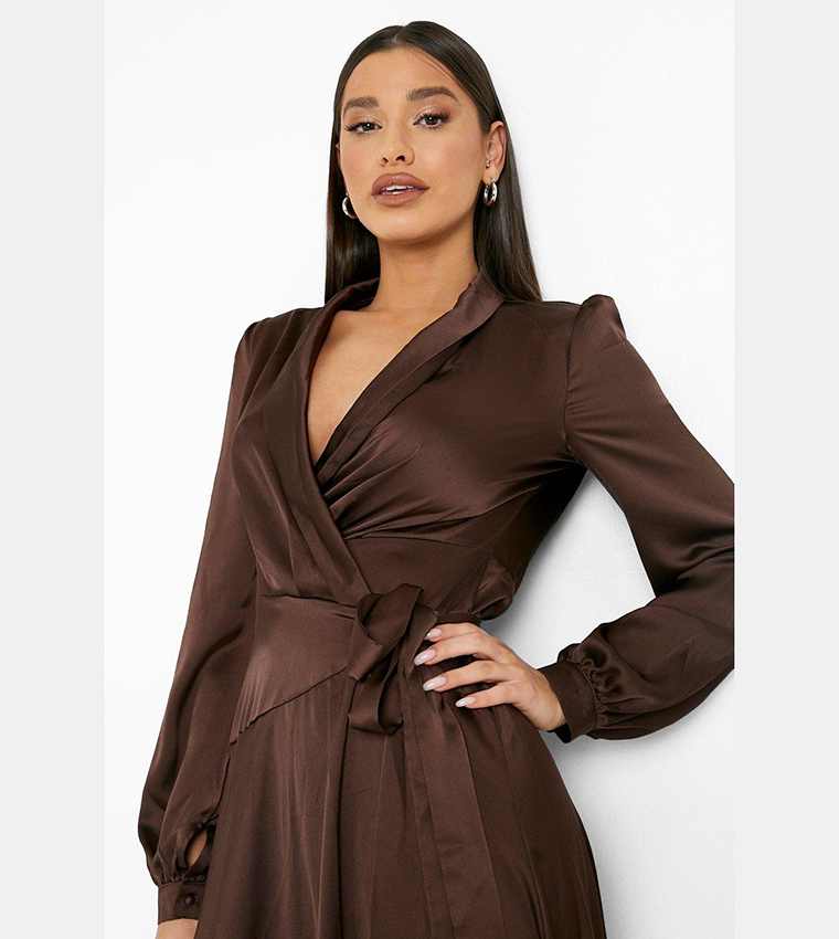 boohoo satin wrap belted maxi dress Buy Boohoo Satin Wrap Belted Maxi Dress In Brown