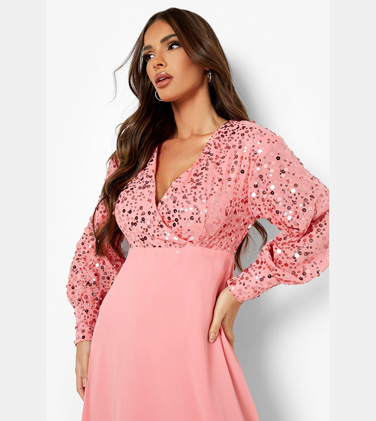 Buy Boohoo Sequin Wrap Midi Skater Dress In Pink 6thstreet Uae