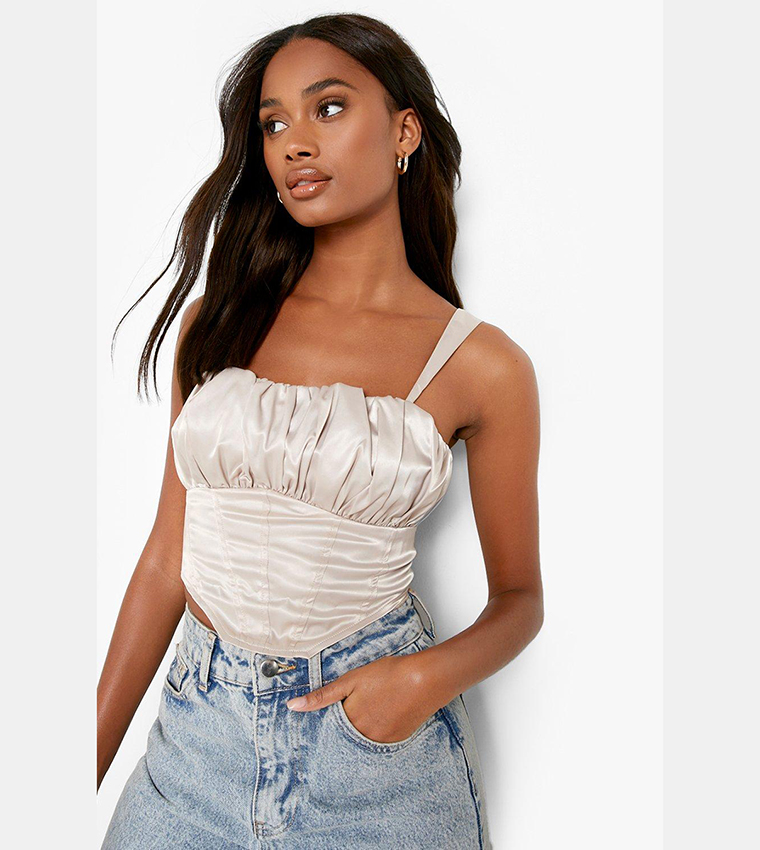 Buy Boohoo Square Neck Ruched Front Corset Top In CHAMPAGNE