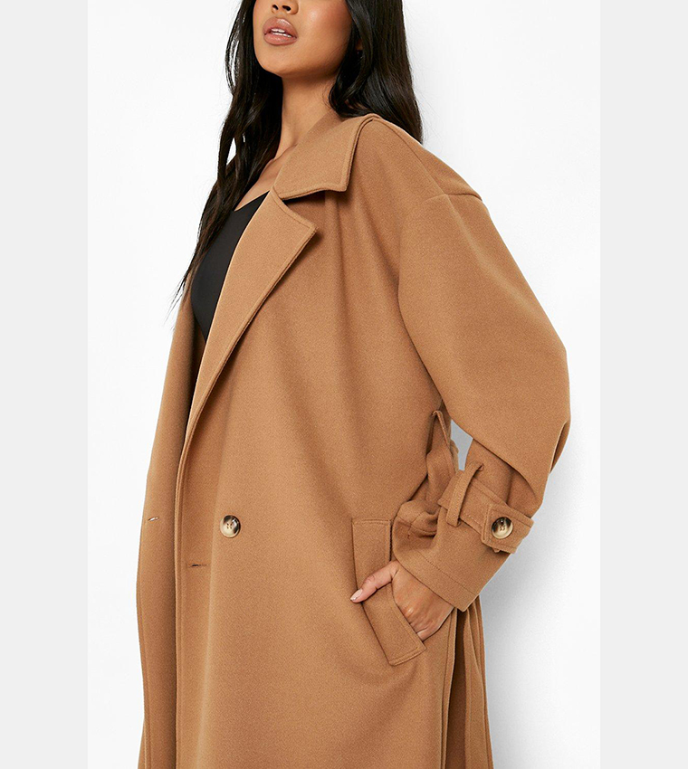 Boohooman overcoat in camel hotsell