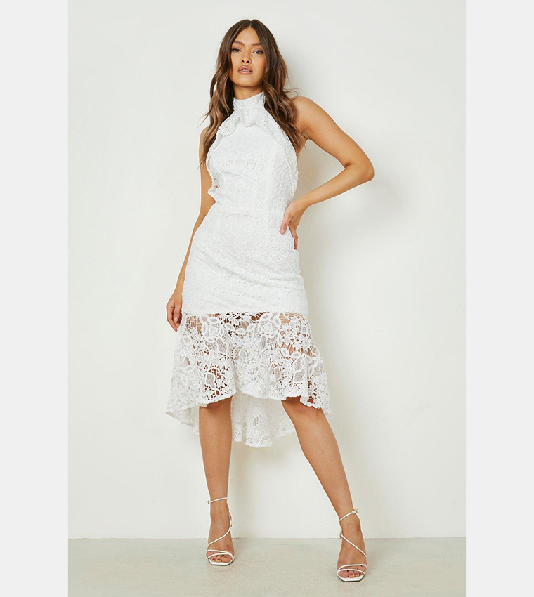low back midi dress casual Buy Boohoo Lace Halterneck In Ivory Halter vintage mink wrap Ruffled Charro Quinceanera Dress Color:Soft Flax