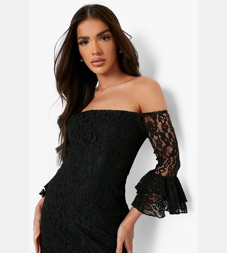 Buy Boohoo Lace Bardot Peplum Midi Dress In Black 6thStreet Kuwait