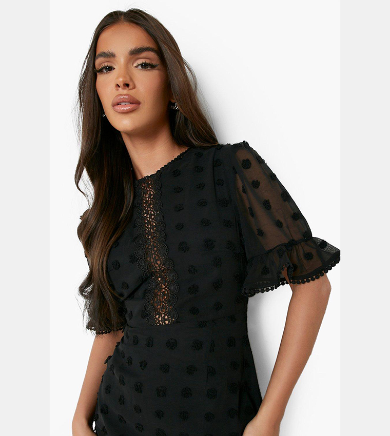 Buy Boohoo Dobby Cut Out Back Ruffle Hem Mini Dress In Black