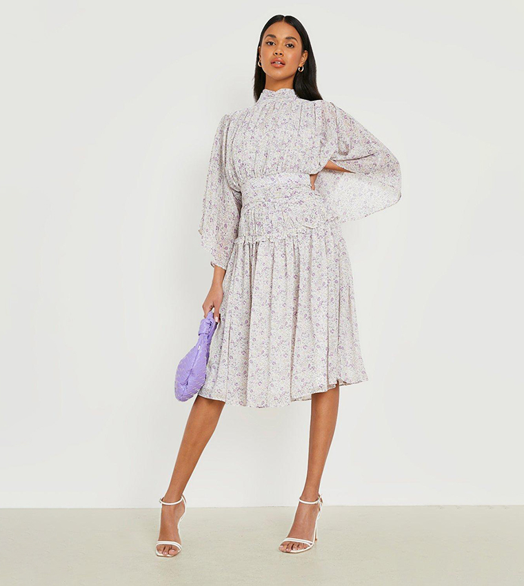 Buy Boohoo Floral High Neck Pleat Detail Midi Dress In White