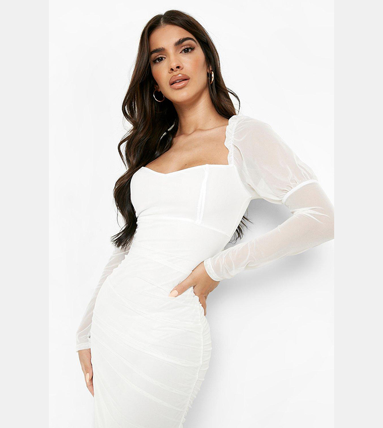 Buy Boohoo Mesh Square Neck Ruched Maxi Dress In Cream | 6thstreet Oman