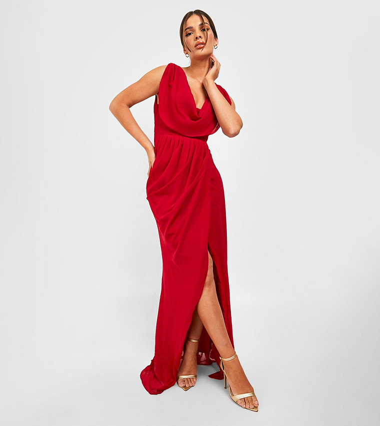 Wine ruched sales draped chiffon dress