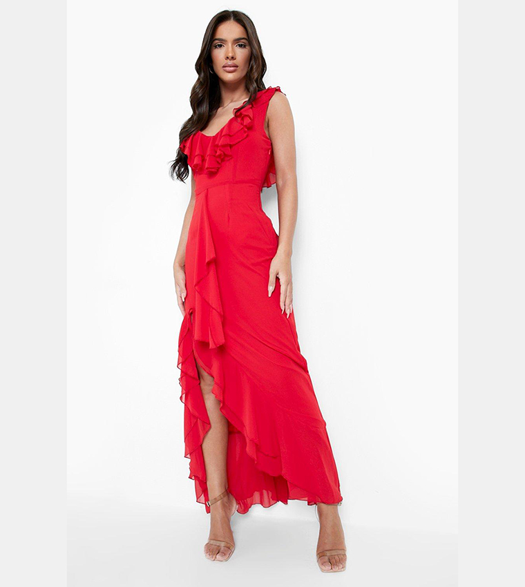 boohoo Chiffon Ruffle Trim Maxi Dress - Red - Size 8