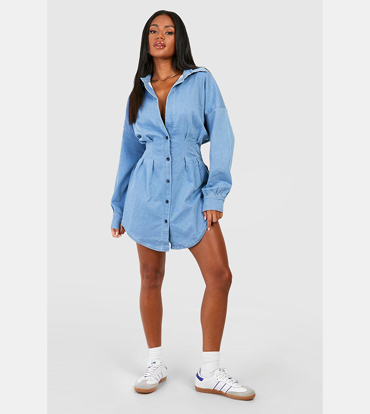 Cinched Waist Denim Shirt Dress