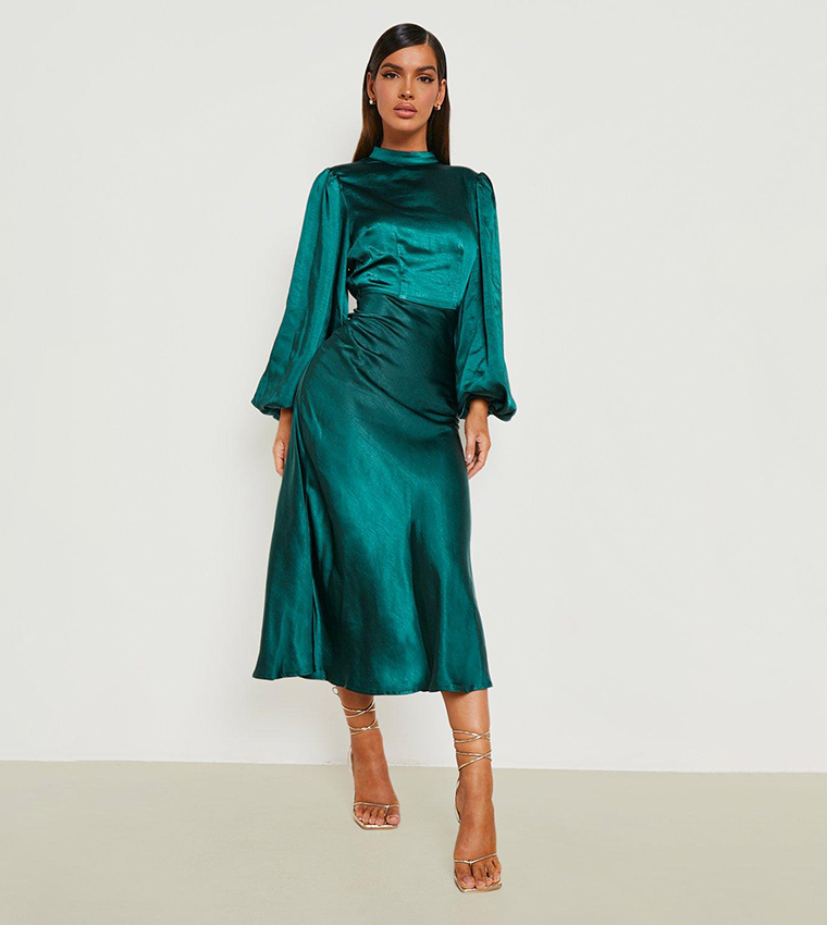 Buy Boohoo Satin High Neck Balloon Sleeve Midi Dress In Green ...